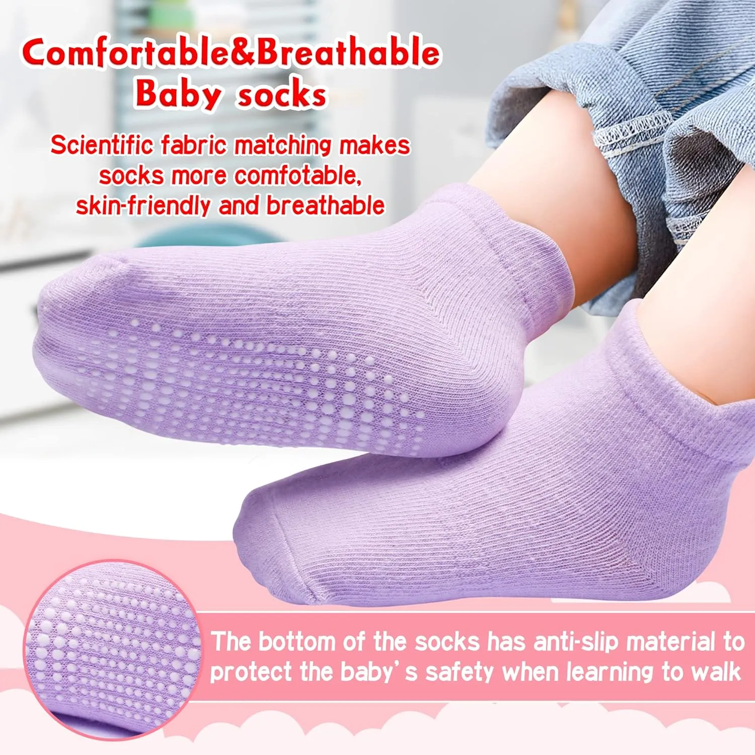 12 Pack Non Slip Kids Toddler Baby Socks with Grips 1-7 Years Boys Girls Cotton Ankle Socks Multi Colors