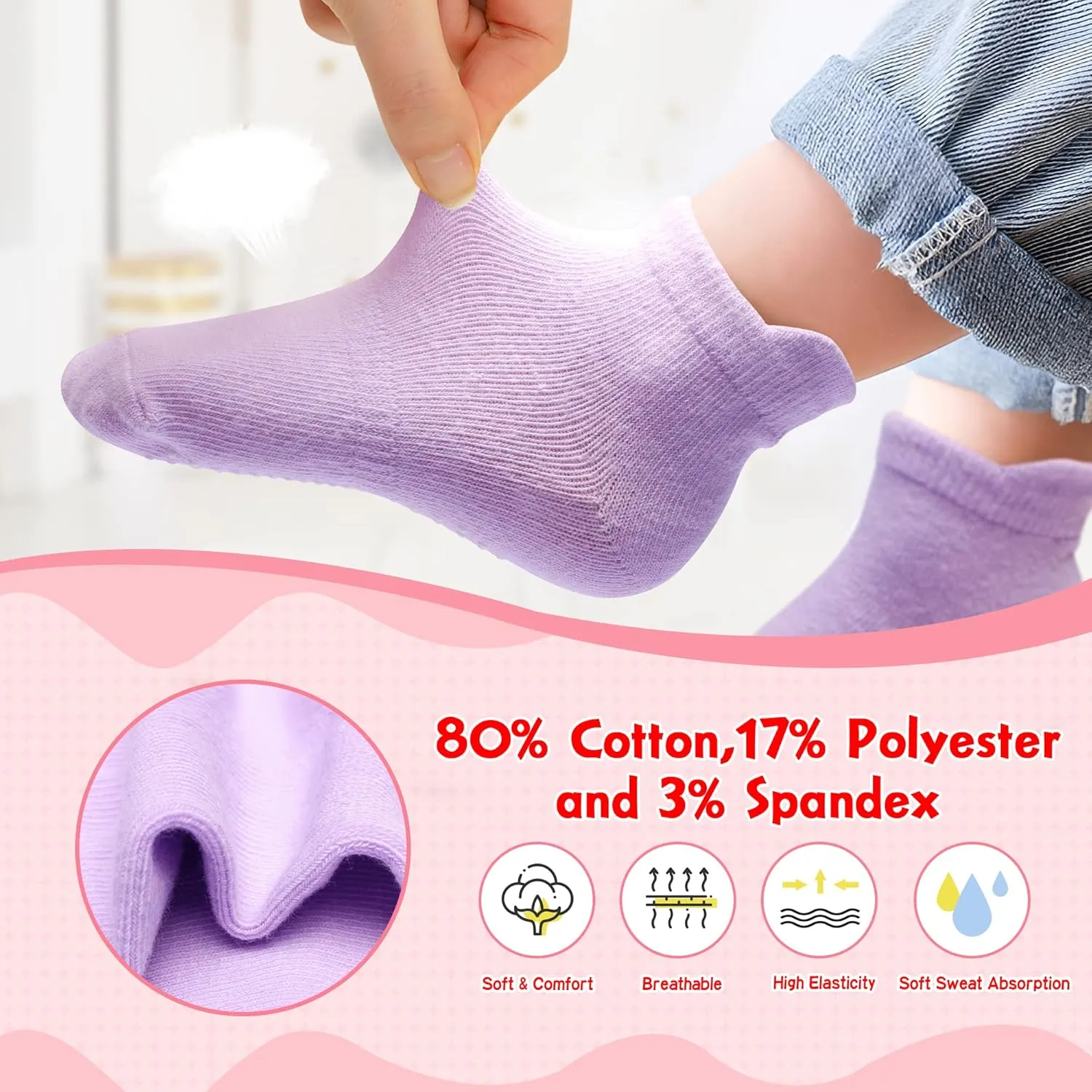 12 Pack Non Slip Kids Toddler Baby Socks with Grips 1-7 Years Boys Girls Cotton Ankle Socks Multi Colors
