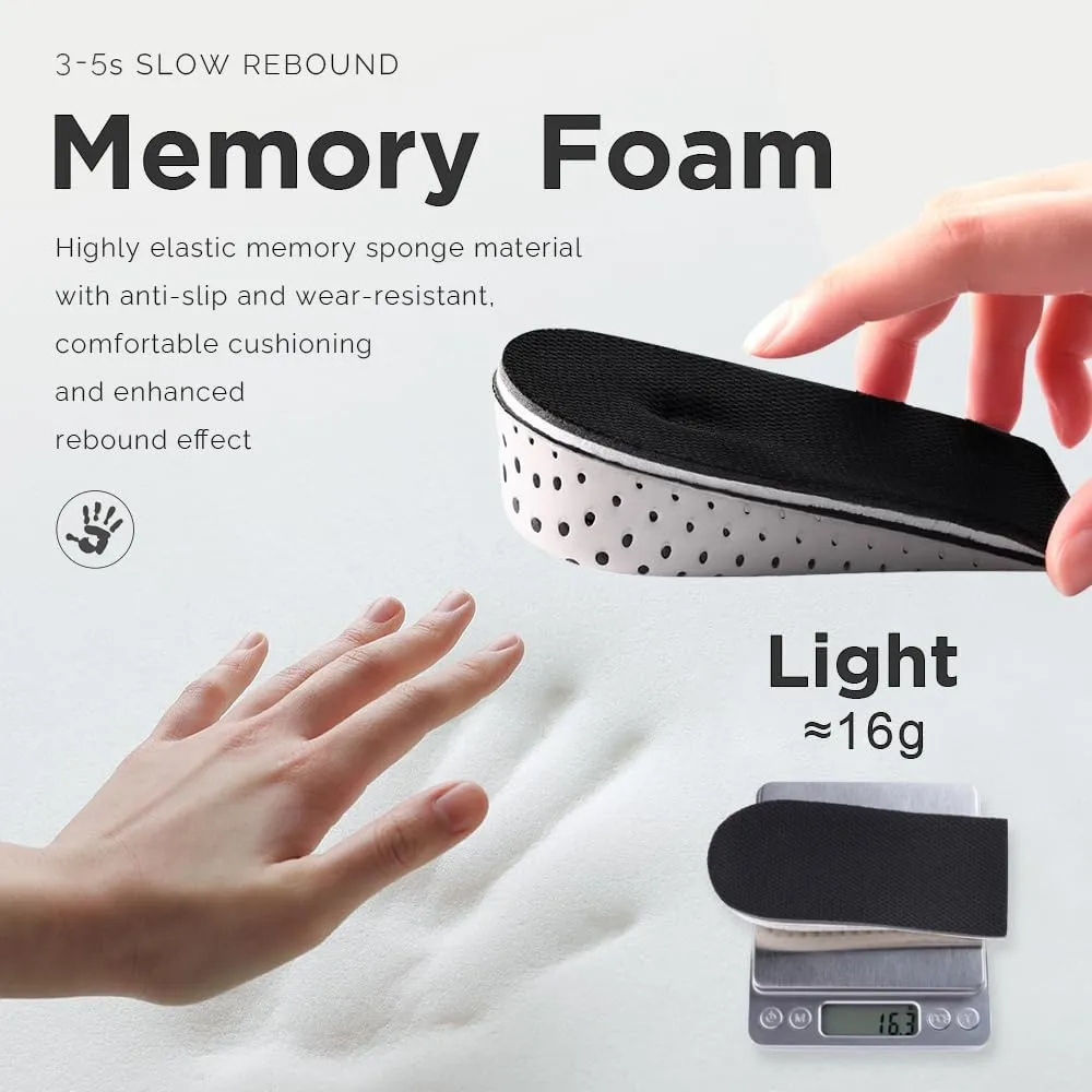 1Pair Memory Foam Invisible Height Increasing Insoles Soft Breathable Heel Lifting Inserts Pain Relief Heel Lift Height Booster for Unisex Men Women