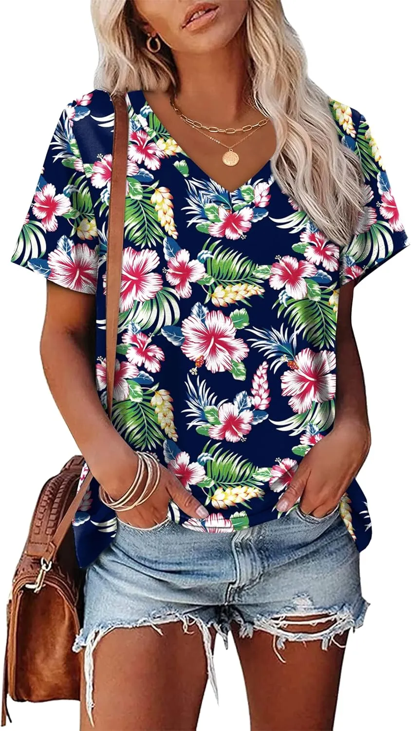 Alaroo Womens Summer Tops 2025 V Neck Short Sleeve Shirts Trendy Dressy Casual Vacation Outfits Printed