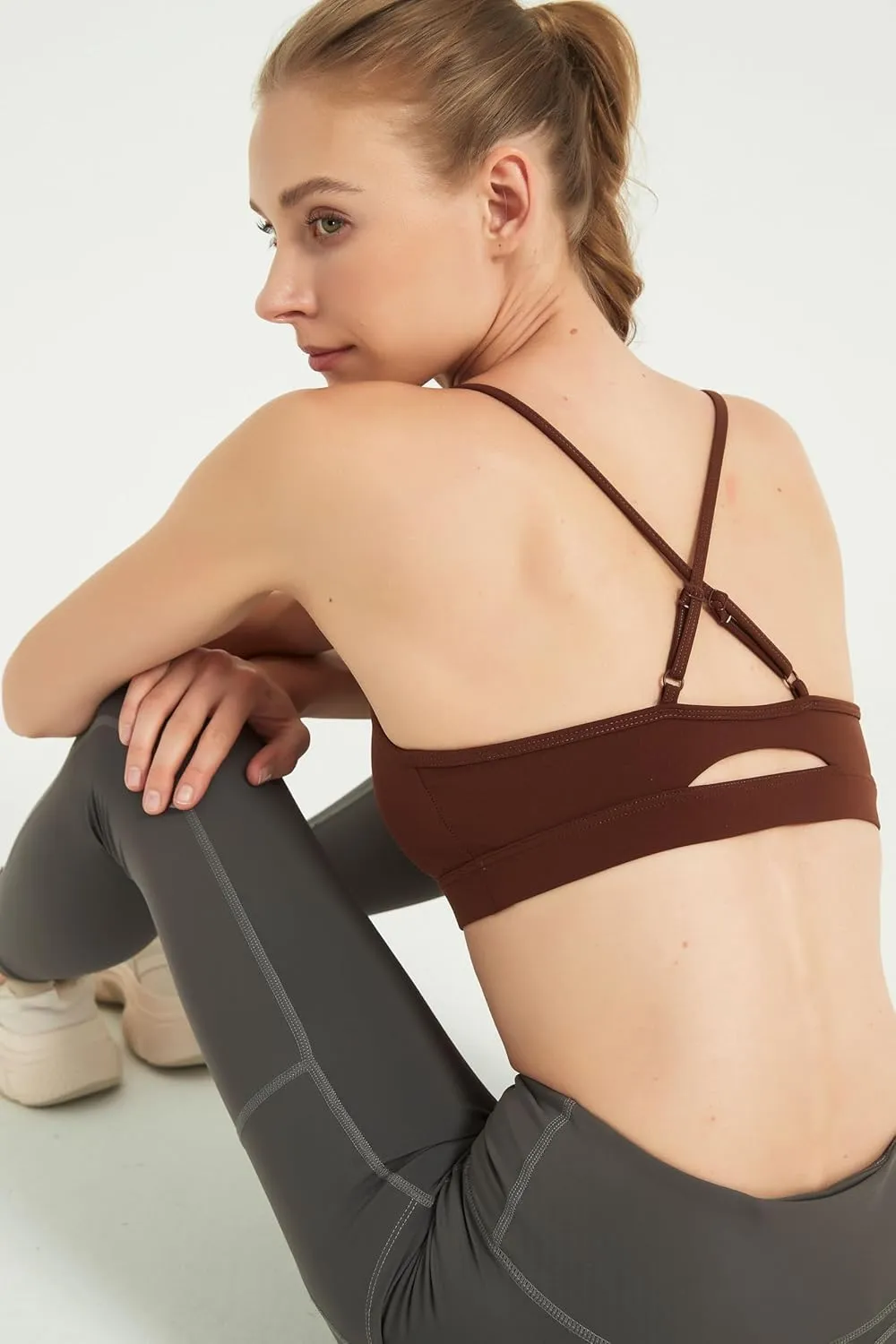 AMRIY Women's Light Support Sports Bra Adjustable Thin Straps Criss Cross Back Open Back Removable Pads Yoga Workout Bra
