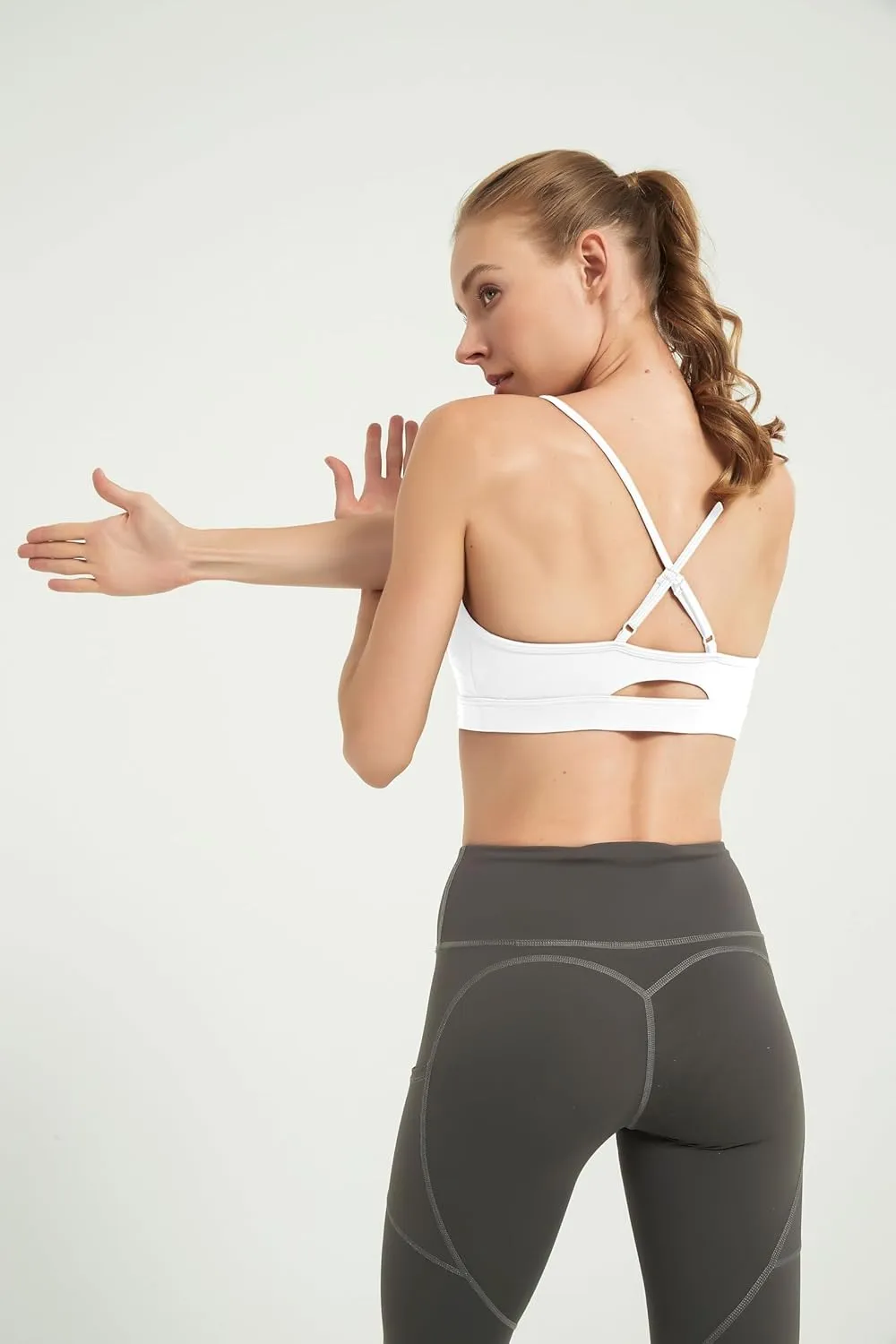 AMRIY Women's Light Support Sports Bra Adjustable Thin Straps Criss Cross Back Open Back Removable Pads Yoga Workout Bra