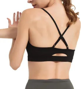 AMRIY Women's Light Support Sports Bra Adjustable Thin Straps Criss Cross Back Open Back Removable Pads Yoga Workout Bra