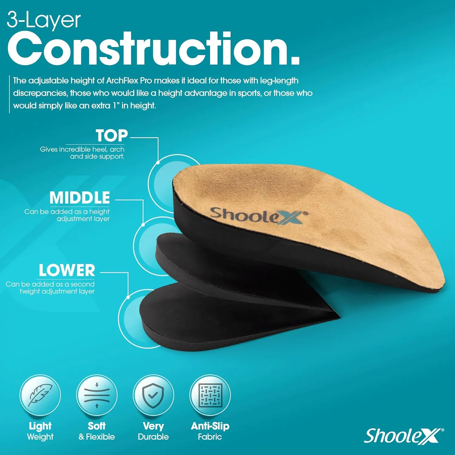 ArchFlex Pro 3/4 IAdjustable Height Increase Arch Support Insert Heel Cushion All in one Medium
