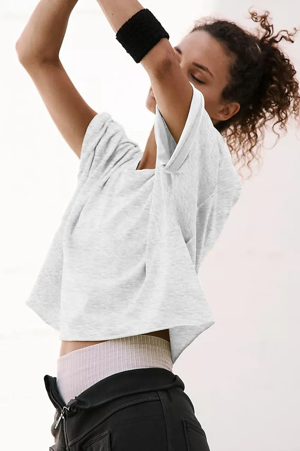 Carpetcom Oversized Workout Shirts for Women Short Sleeve Drop Shoulder Casual Crop Tops Baggy Gym Yoga Athletic Tee