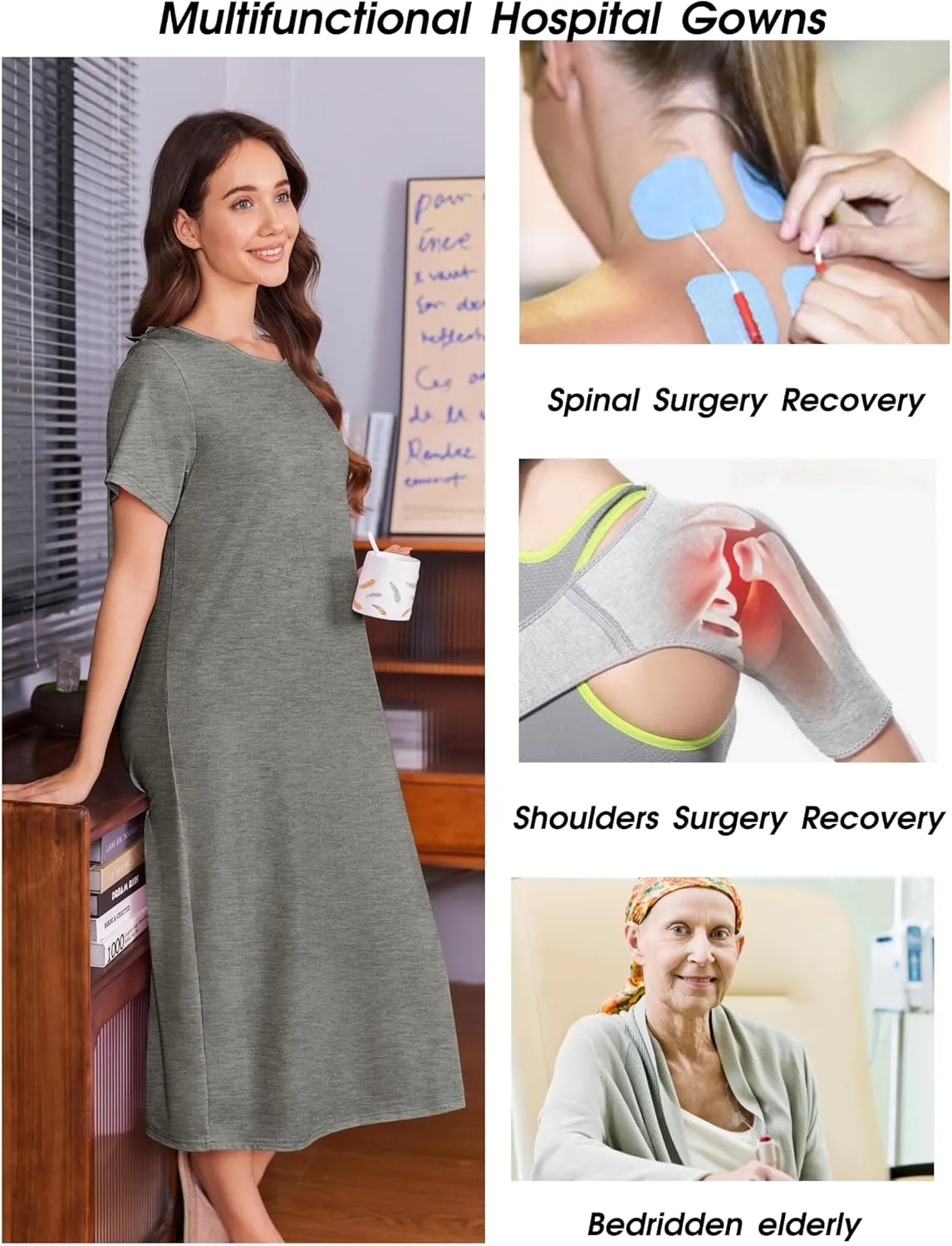 Deyeek Open Back Hospital Gowns for Women Post Shoulder Surgery Dress Adaptive Clothing Night Robes for Spinal Recovery