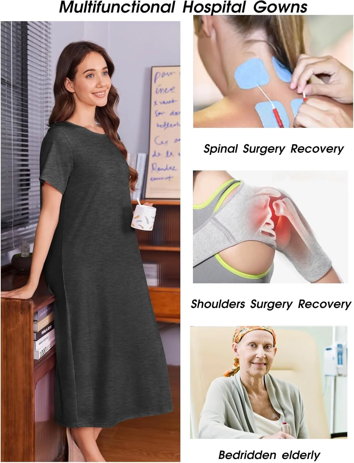 Deyeek Open Back Hospital Gowns for Women Post Shoulder Surgery Dress Adaptive Clothing Night Robes for Spinal Recovery