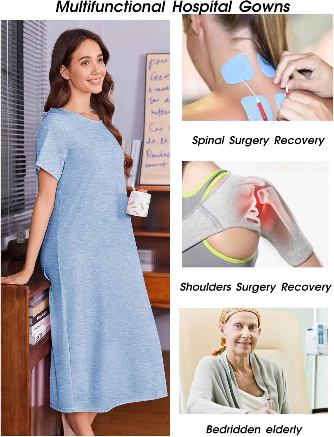 Deyeek Open Back Hospital Gowns for Women Post Shoulder Surgery Dress Adaptive Clothing Night Robes for Spinal Recovery