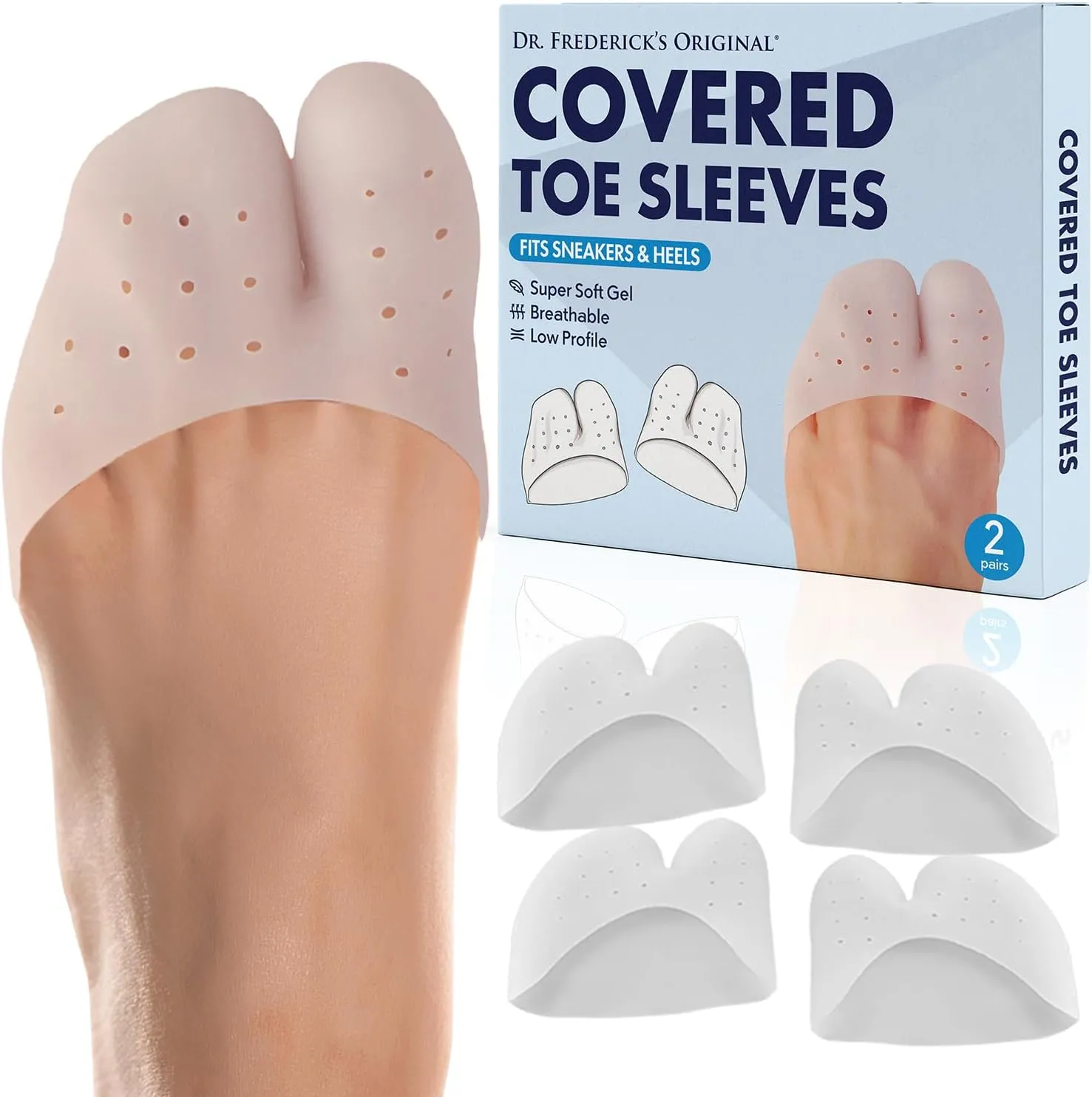 Dr. Frederick's Original All-Day Comfort Toe Sleeves - 4 ct - Gel Toe Caps with Metatarsal Pads for Pain Relief - Breathable Design for Men & Women