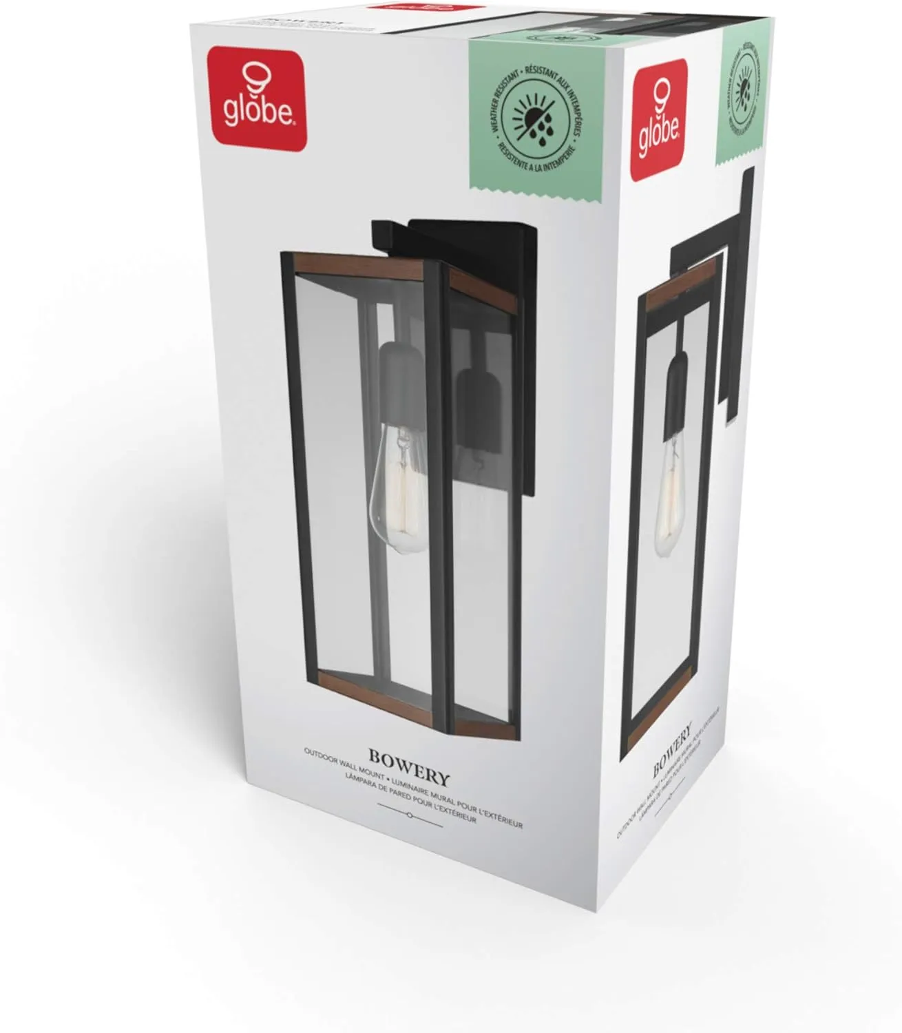 GLOBE Electric 44681 1-Light Outdoor Indoor Wall Sconce, Matte Black, Faux Wood Accents, Clear Glass Shade, Back Porch Lights, Front Patio, Garage Fixture, Exterior Lighting for House