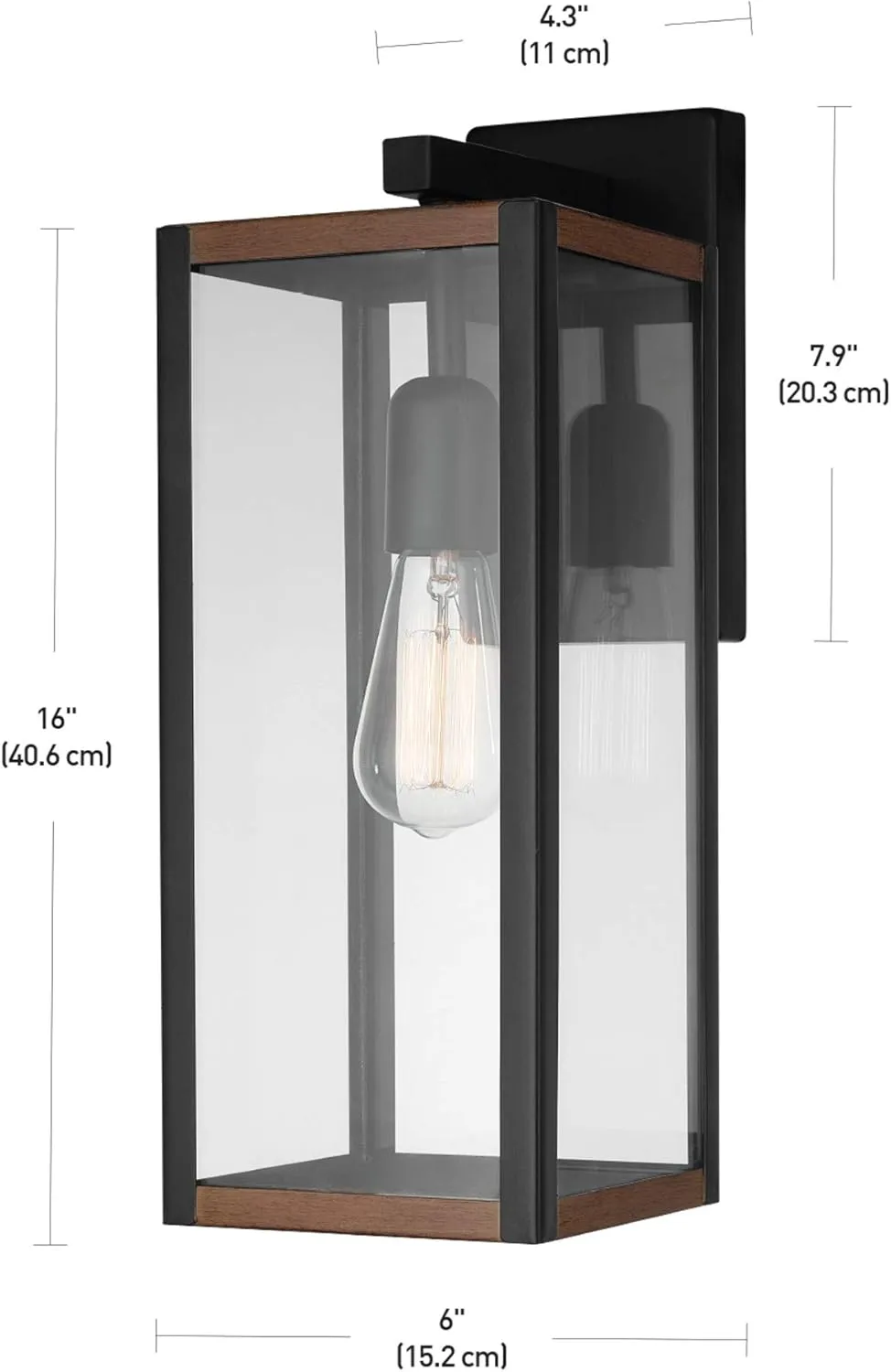 GLOBE Electric 44681 1-Light Outdoor Indoor Wall Sconce, Matte Black, Faux Wood Accents, Clear Glass Shade, Back Porch Lights, Front Patio, Garage Fixture, Exterior Lighting for House