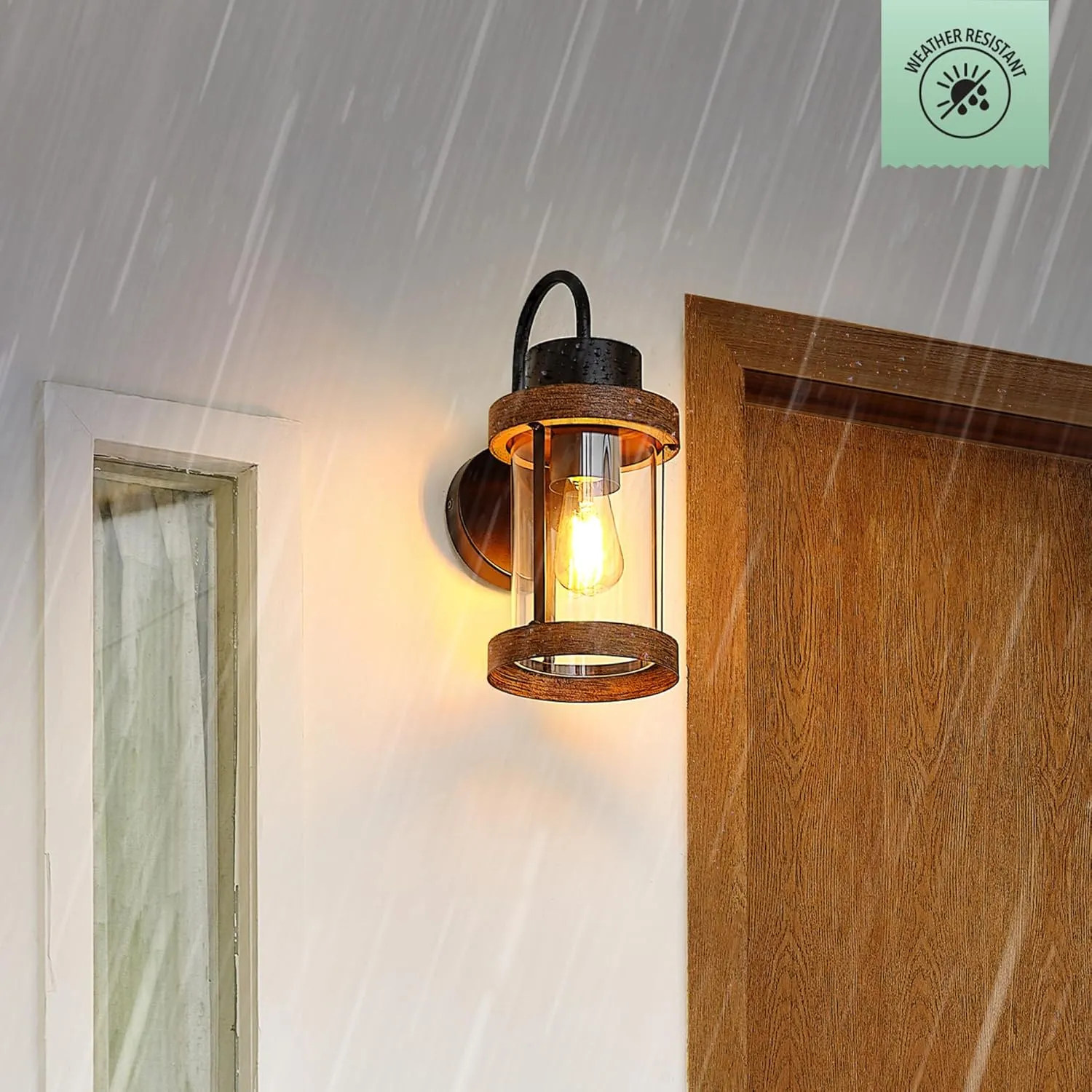 GLOBE Electric 60000026 1-Light Outdoor Wall Sconce, Matte Black, Faux Wood Accent, Clear Glass Shade, E26 Bulb Required, Outdoor Lighting Modern, Front Porch Dcor, Wall Lighting, Outdoor Light