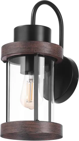 GLOBE Electric 60000026 1-Light Outdoor Wall Sconce, Matte Black, Faux Wood Accent, Clear Glass Shade, E26 Bulb Required, Outdoor Lighting Modern, Front Porch Dcor, Wall Lighting, Outdoor Light