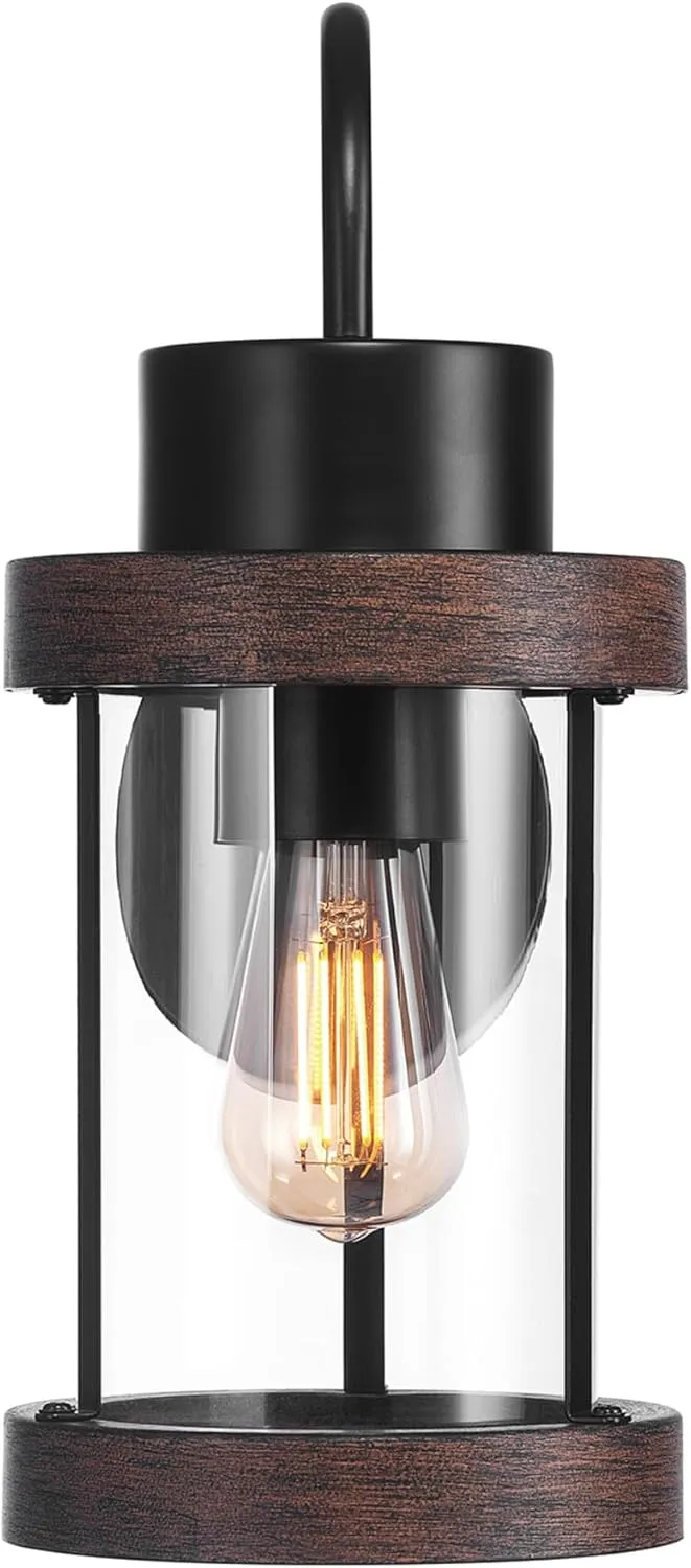 GLOBE Electric 60000026 1-Light Outdoor Wall Sconce, Matte Black, Faux Wood Accent, Clear Glass Shade, E26 Bulb Required, Outdoor Lighting Modern, Front Porch Dcor, Wall Lighting, Outdoor Light