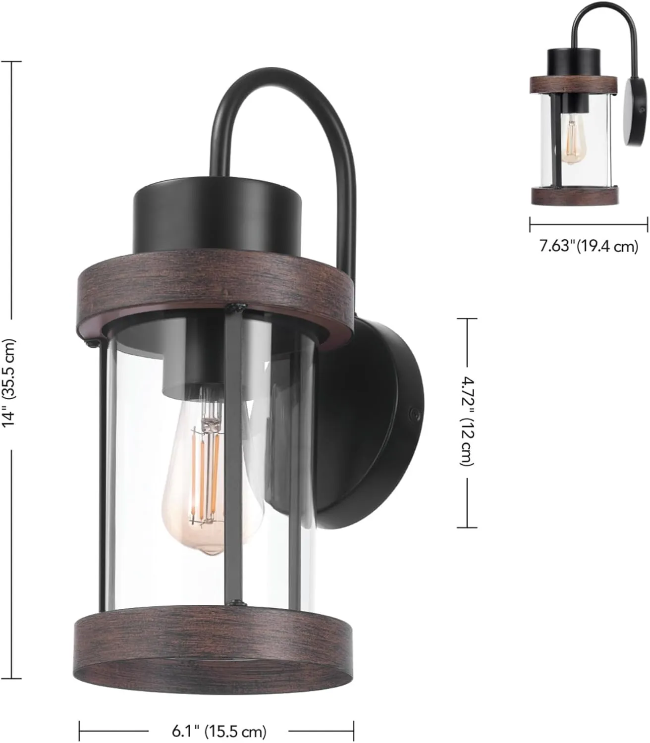 GLOBE Electric 60000026 1-Light Outdoor Wall Sconce, Matte Black, Faux Wood Accent, Clear Glass Shade, E26 Bulb Required, Outdoor Lighting Modern, Front Porch Dcor, Wall Lighting, Outdoor Light