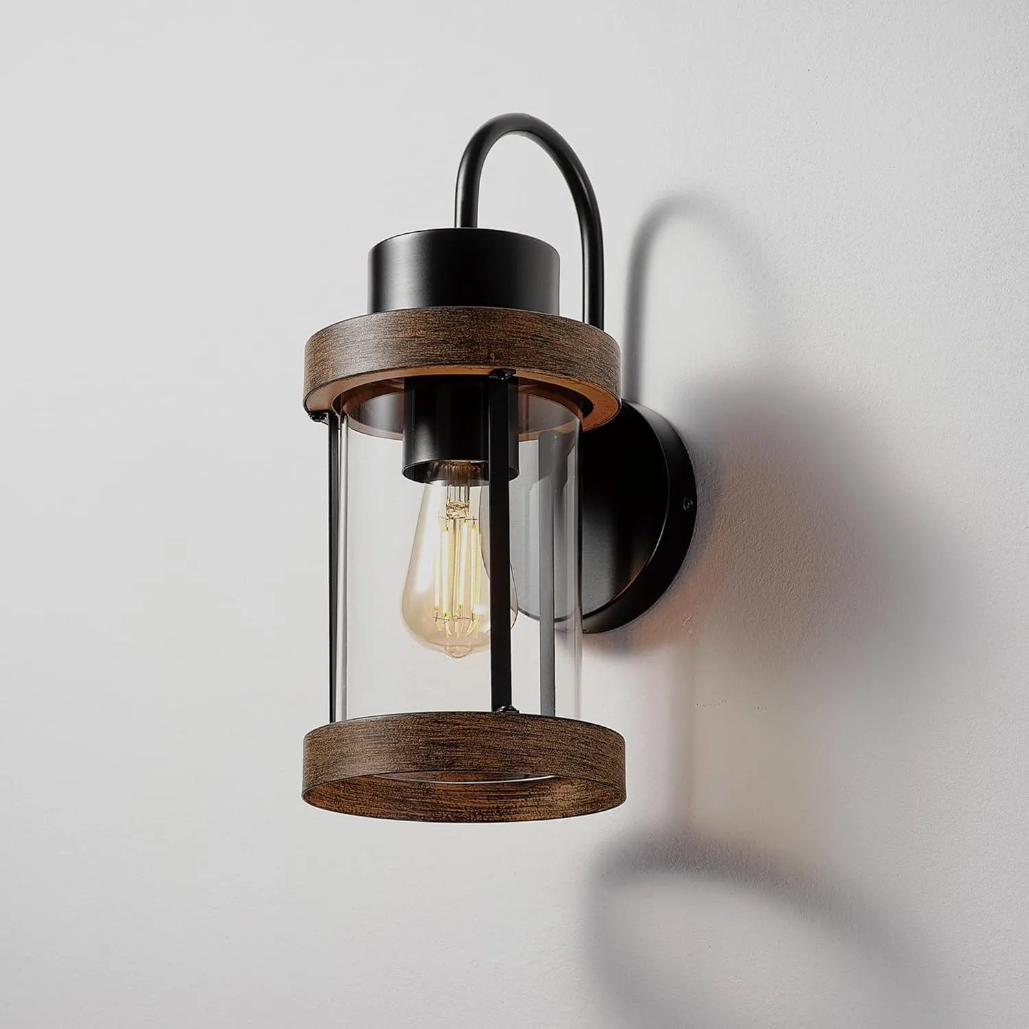 GLOBE Electric 60000026 1-Light Outdoor Wall Sconce, Matte Black, Faux Wood Accent, Clear Glass Shade, E26 Bulb Required, Outdoor Lighting Modern, Front Porch Dcor, Wall Lighting, Outdoor Light