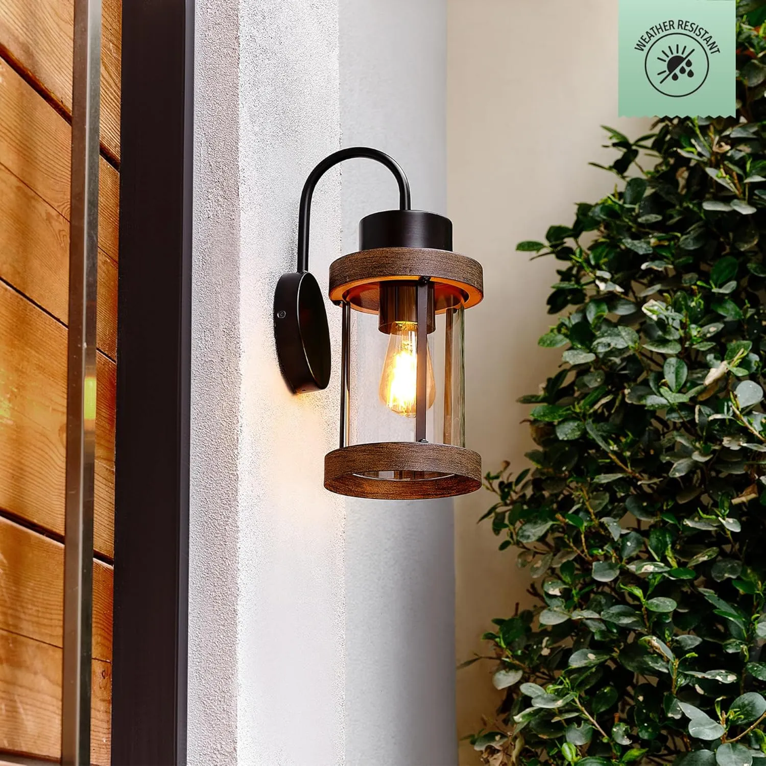 GLOBE Electric 60000026 1-Light Outdoor Wall Sconce, Matte Black, Faux Wood Accent, Clear Glass Shade, E26 Bulb Required, Outdoor Lighting Modern, Front Porch Dcor, Wall Lighting, Outdoor Light
