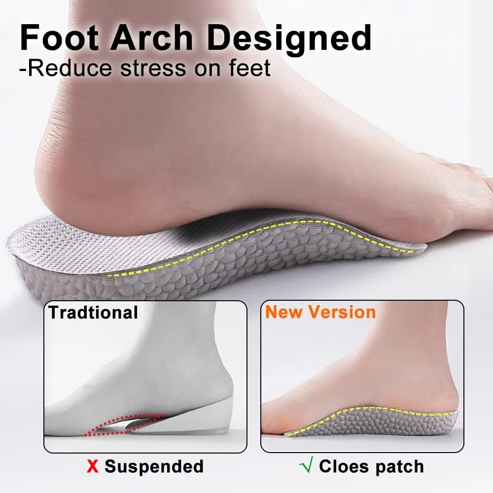 Height Increase Insoles - Foot Arch Contour Shoes Lifts for Women Orthopedic Heel Lift Cushion Gel Leg Discrepancy Balancer, Women's Size 8-10, Grey (2 Pcs) (1.5 Inch)