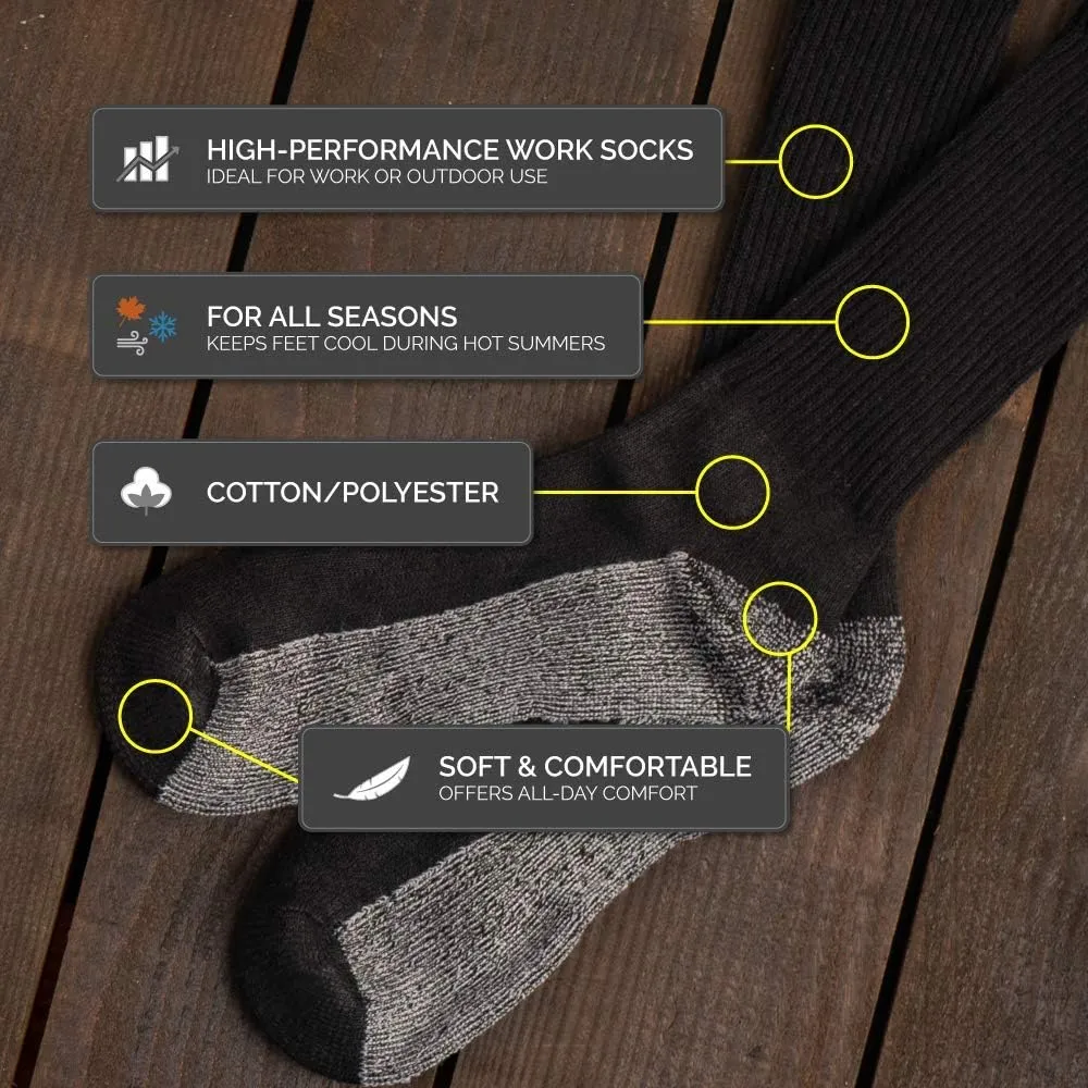 HOT FEET Work Socks for Men, Long All Weather Boot Crew Cotton Socks, Cushioned, Moisture Wicking, 10 Pack, Size 6?C12.5