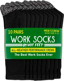 HOT FEET Work Socks for Men, Long All Weather Boot Crew Cotton Socks, Cushioned, Moisture Wicking, 10 Pack, Size 6?C12.5