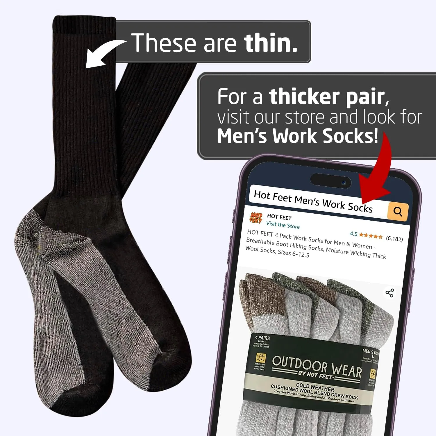 HOT FEET Work Socks for Men, Long All Weather Boot Crew Cotton Socks, Cushioned, Moisture Wicking, 10 Pack, Size 6?C12.5