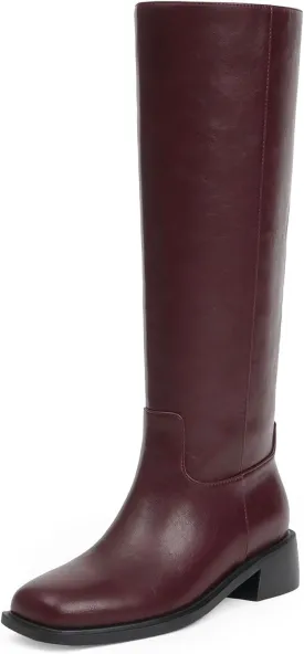Knee High Boots Women Faux Leather Slip on Boots Low Heel Square Toe Fall Long Tall Boots for Women
