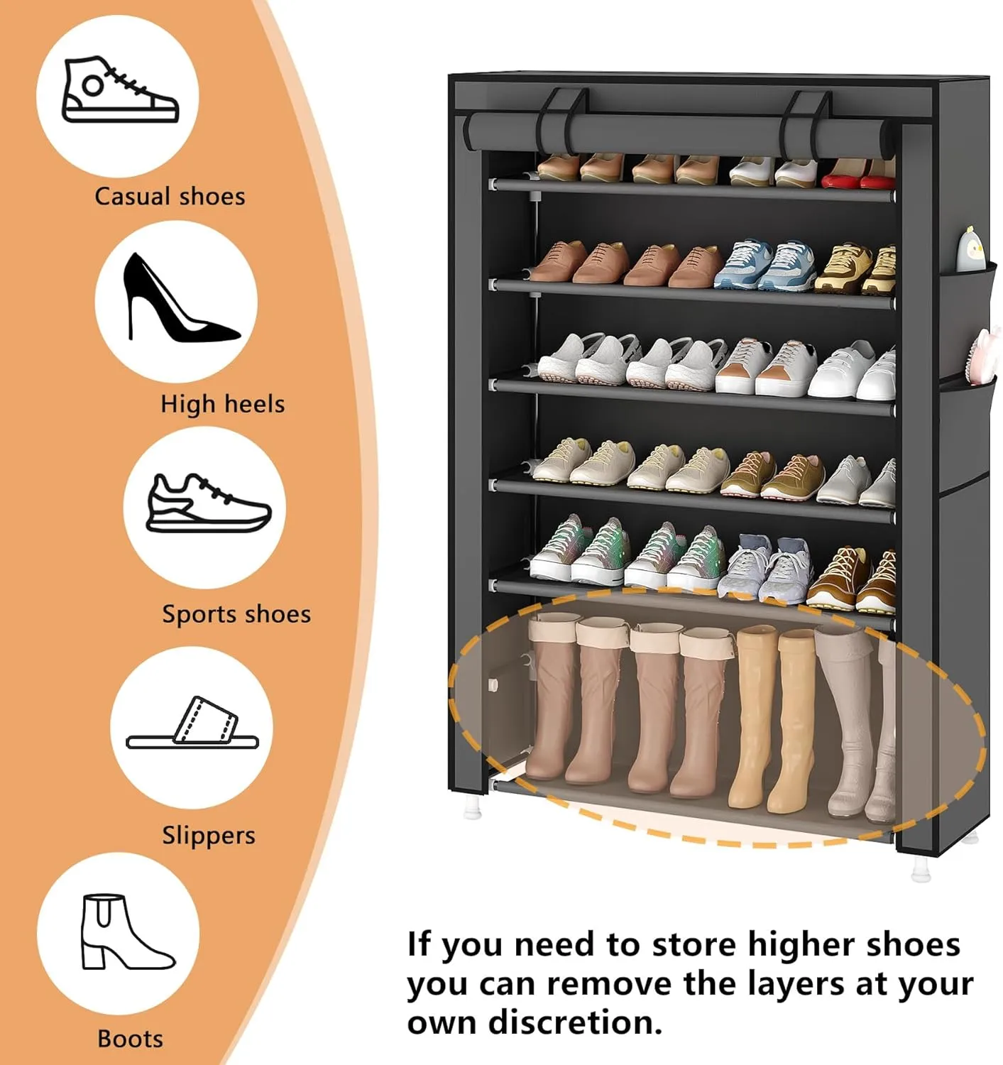 Laiensia 7-Tier Vertical Shoe Rack Organizer, Space Saving Shoe Storage Organizer, Non-Woven Cover Shoe Shelf Holds 21-28 Pairs for Bedroom, Hallway, Closet Entryway, Grey