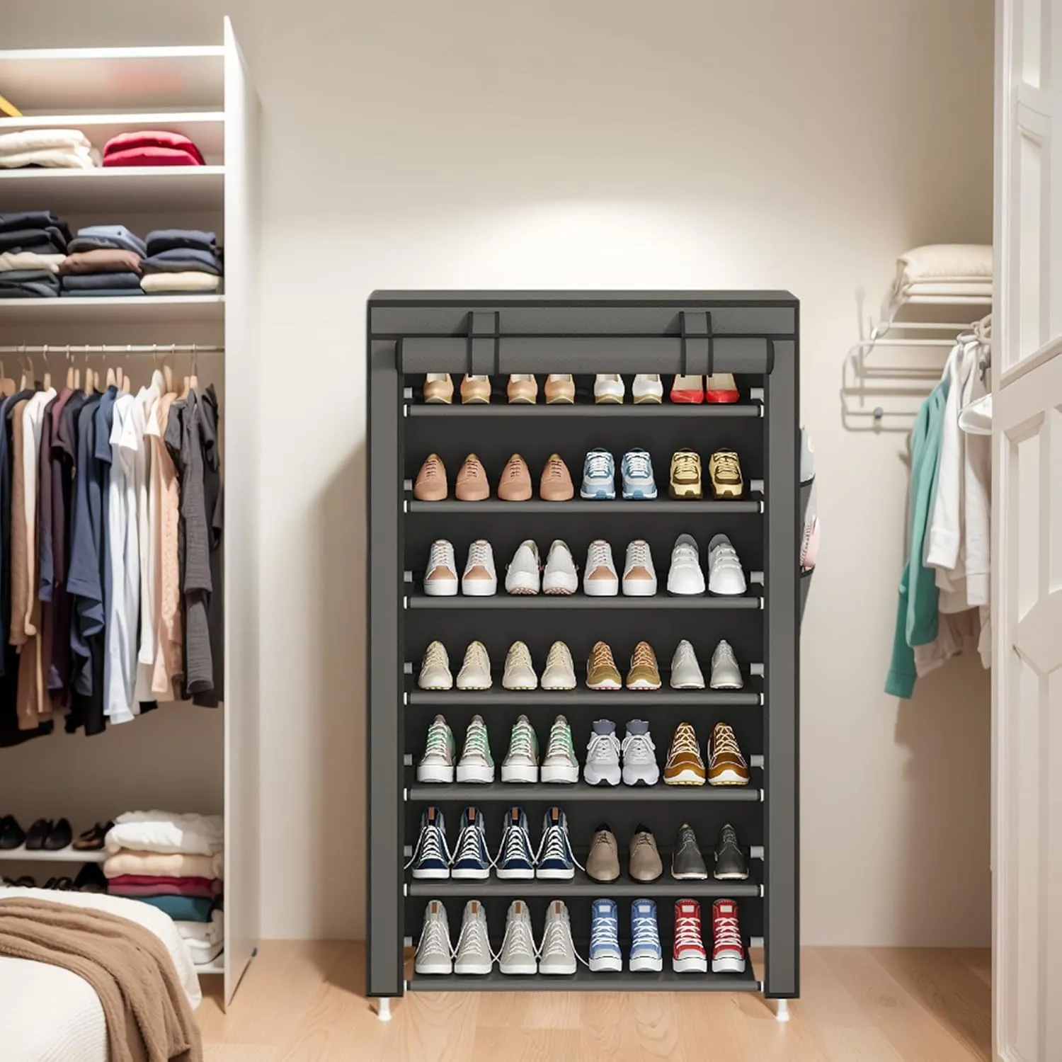 Laiensia 7-Tier Vertical Shoe Rack Organizer, Space Saving Shoe Storage Organizer, Non-Woven Cover Shoe Shelf Holds 21-28 Pairs for Bedroom, Hallway, Closet Entryway, Grey