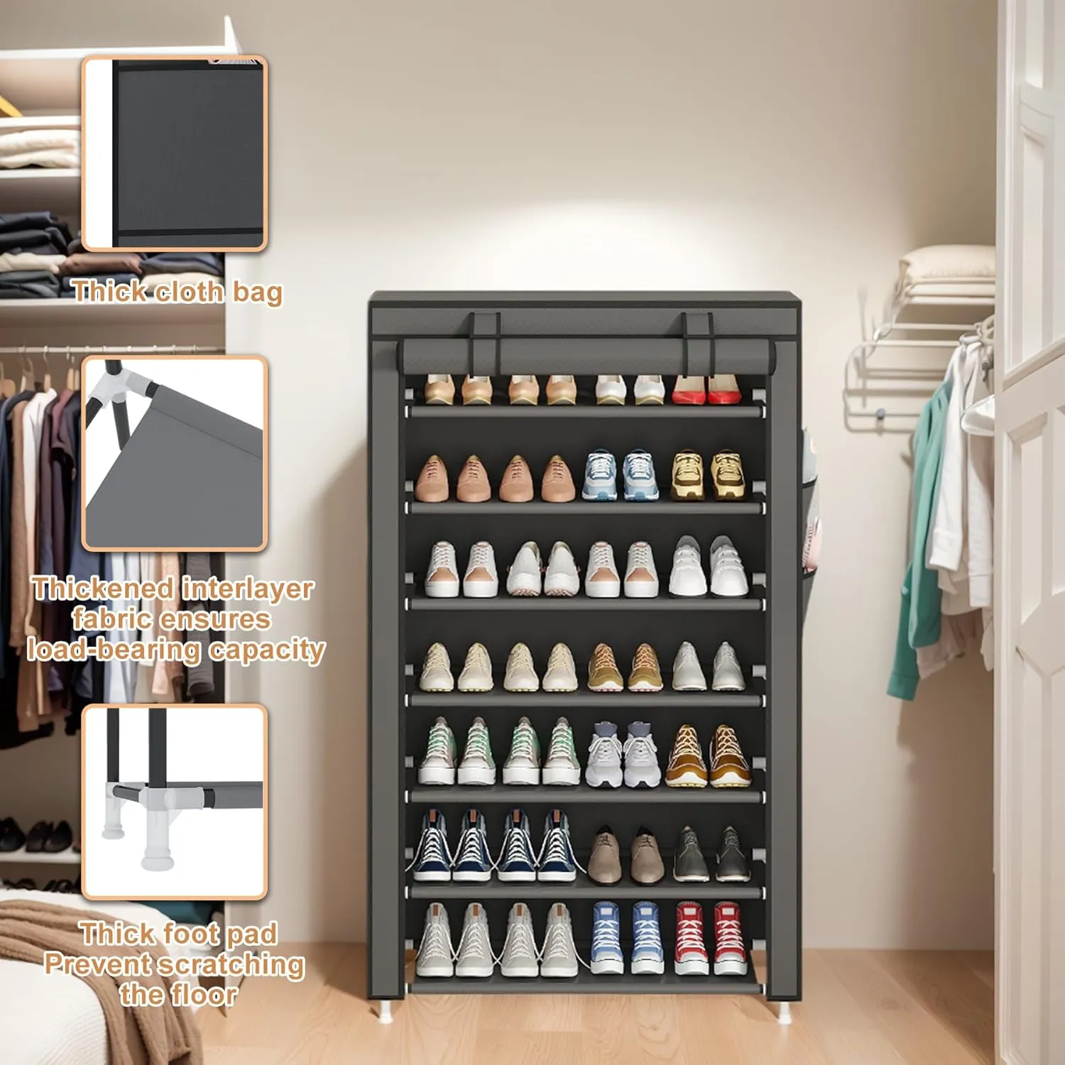 Laiensia 7-Tier Vertical Shoe Rack Organizer, Space Saving Shoe Storage Organizer, Non-Woven Cover Shoe Shelf Holds 21-28 Pairs for Bedroom, Hallway, Closet Entryway, Grey