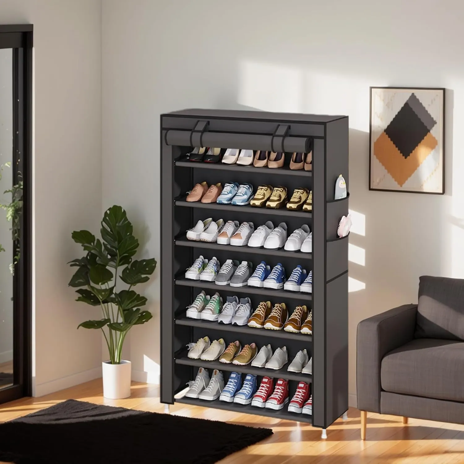 Laiensia 7-Tier Vertical Shoe Rack Organizer, Space Saving Shoe Storage Organizer, Non-Woven Cover Shoe Shelf Holds 21-28 Pairs for Bedroom, Hallway, Closet Entryway, Grey