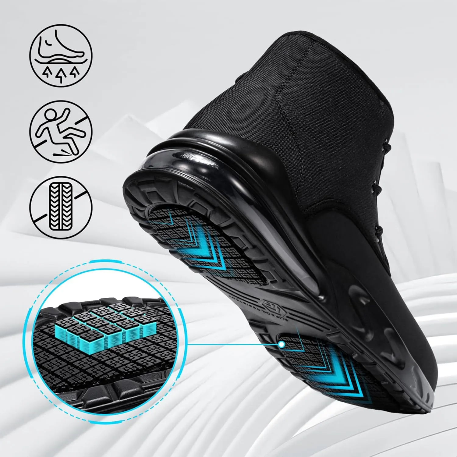 LARNMERN Mens Non Slip Shoes Food Service Work Waterproof Side Zipper Chukka Boots Air Cushion Mid Top Casual Botas Hombre Trabajo Black