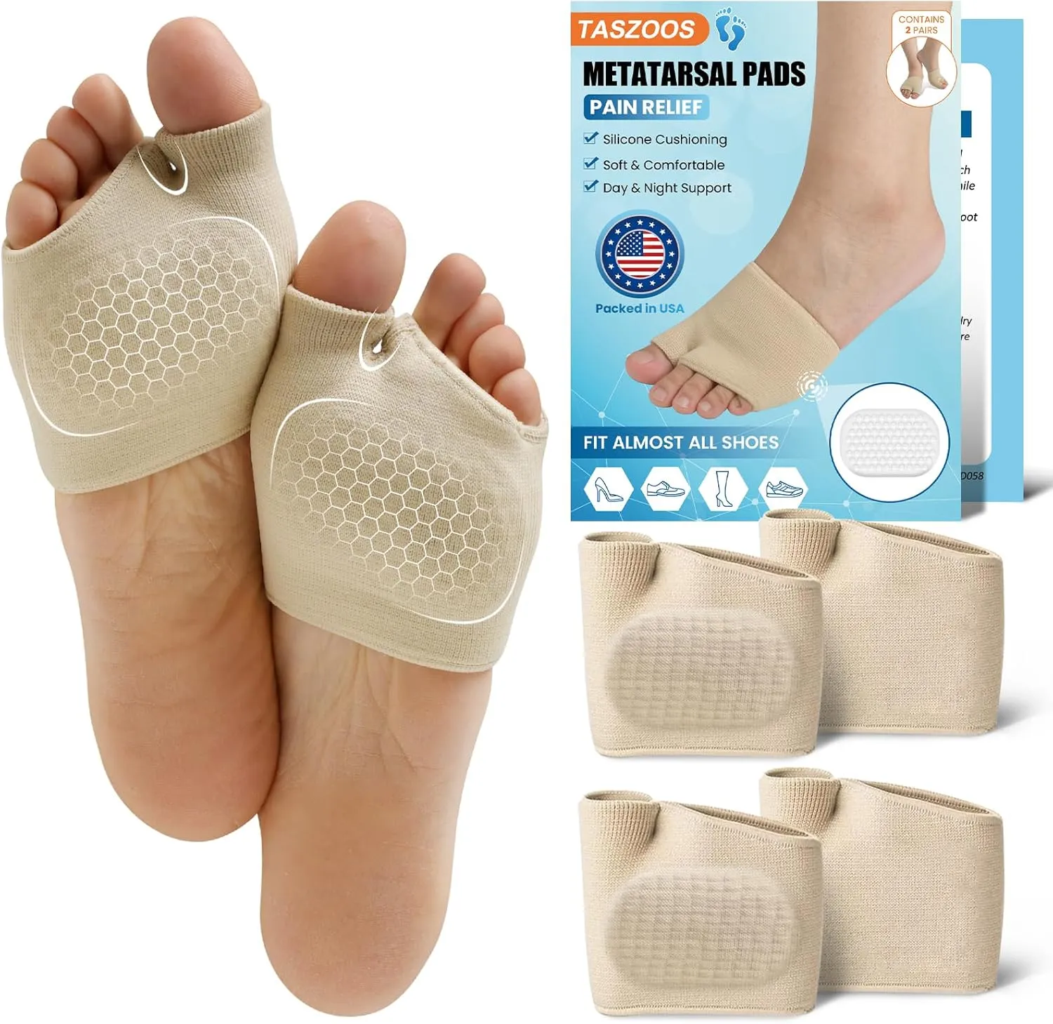 Metatarsal Pads for Women and Men - Thicker Ball of Foot Cushion with Gel for Pain Relief, Metatarsalgia, Morton's Neuroma - Foot Pads for Walking, Standing, Running - 2 Pairs (Large, Beige)