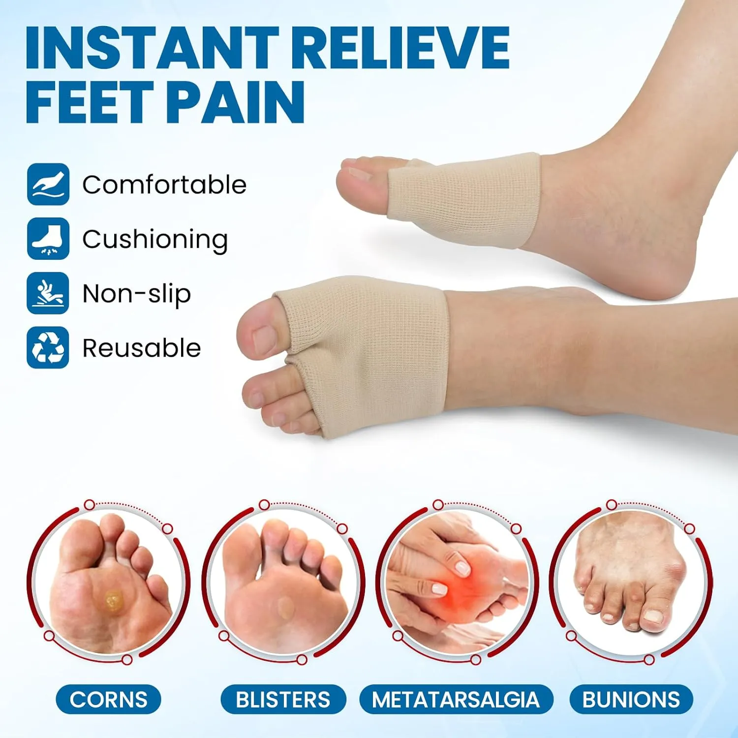 Metatarsal Pads for Women and Men - Thicker Ball of Foot Cushion with Gel for Pain Relief, Metatarsalgia, Morton's Neuroma - Foot Pads for Walking, Standing, Running - 2 Pairs (Large, Beige)