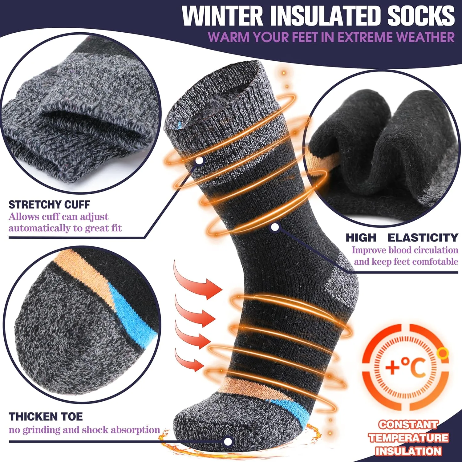 MOGGEI 3 Pairs Thermal Winter Socks for Women & Men Thick Extra Warm Insulated Ski Boot Socks for Cold Weather