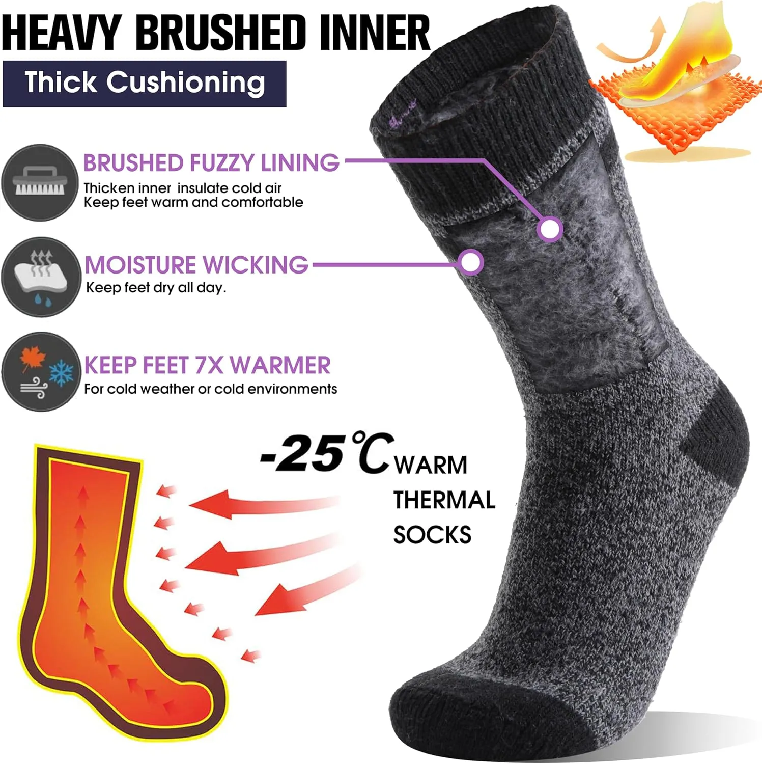 MOGGEI 3 Pairs Thermal Winter Socks for Women & Men Thick Extra Warm Insulated Ski Boot Socks for Cold Weather