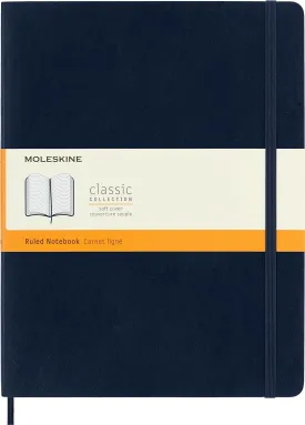 Moleskine Classic Notebook, Soft Cover, XL (7.5" x 9.5") Ruled/Lined, Sapphire Blue, 192 Pages