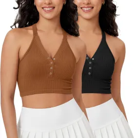 ODODOS 2-Pack Seamless Henley Crop for Women Open Back Ribbed Tank Button-up Cropped Top