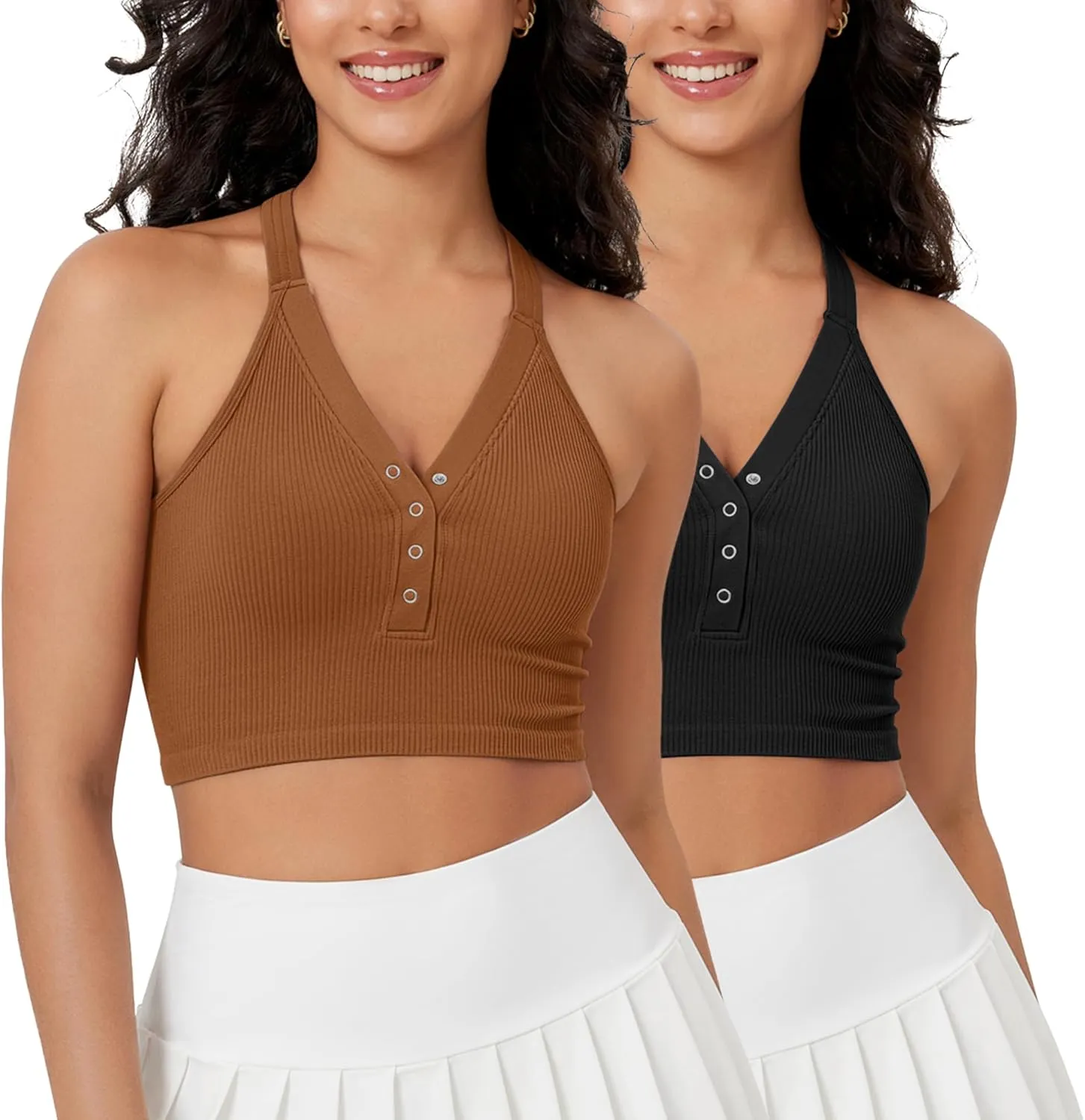 ODODOS 2-Pack Seamless Henley Crop for Women Open Back Ribbed Tank Button-up Cropped Top