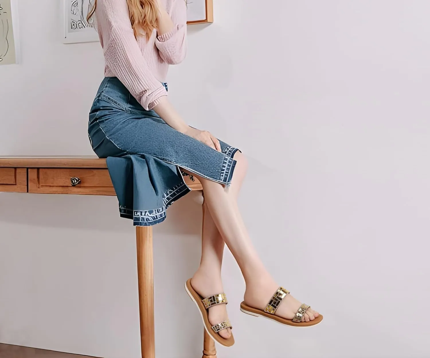 ONCAI Flat Sandals for Women Trendy Square Open Split-Toe Ring Summer Dressy Cross Strappy Slides Sandles with Slip-on Rubber Soles