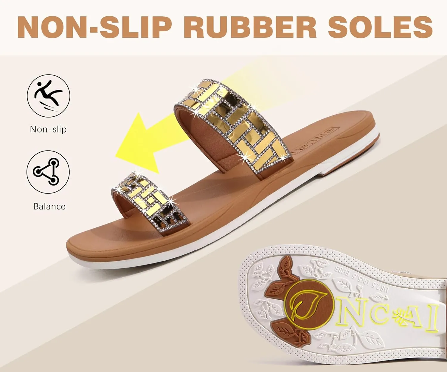 ONCAI Flat Sandals for Women Trendy Square Open Split-Toe Ring Summer Dressy Cross Strappy Slides Sandles with Slip-on Rubber Soles