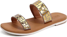 ONCAI Flat Sandals for Women Trendy Square Open Split-Toe Ring Summer Dressy Cross Strappy Slides Sandles with Slip-on Rubber Soles