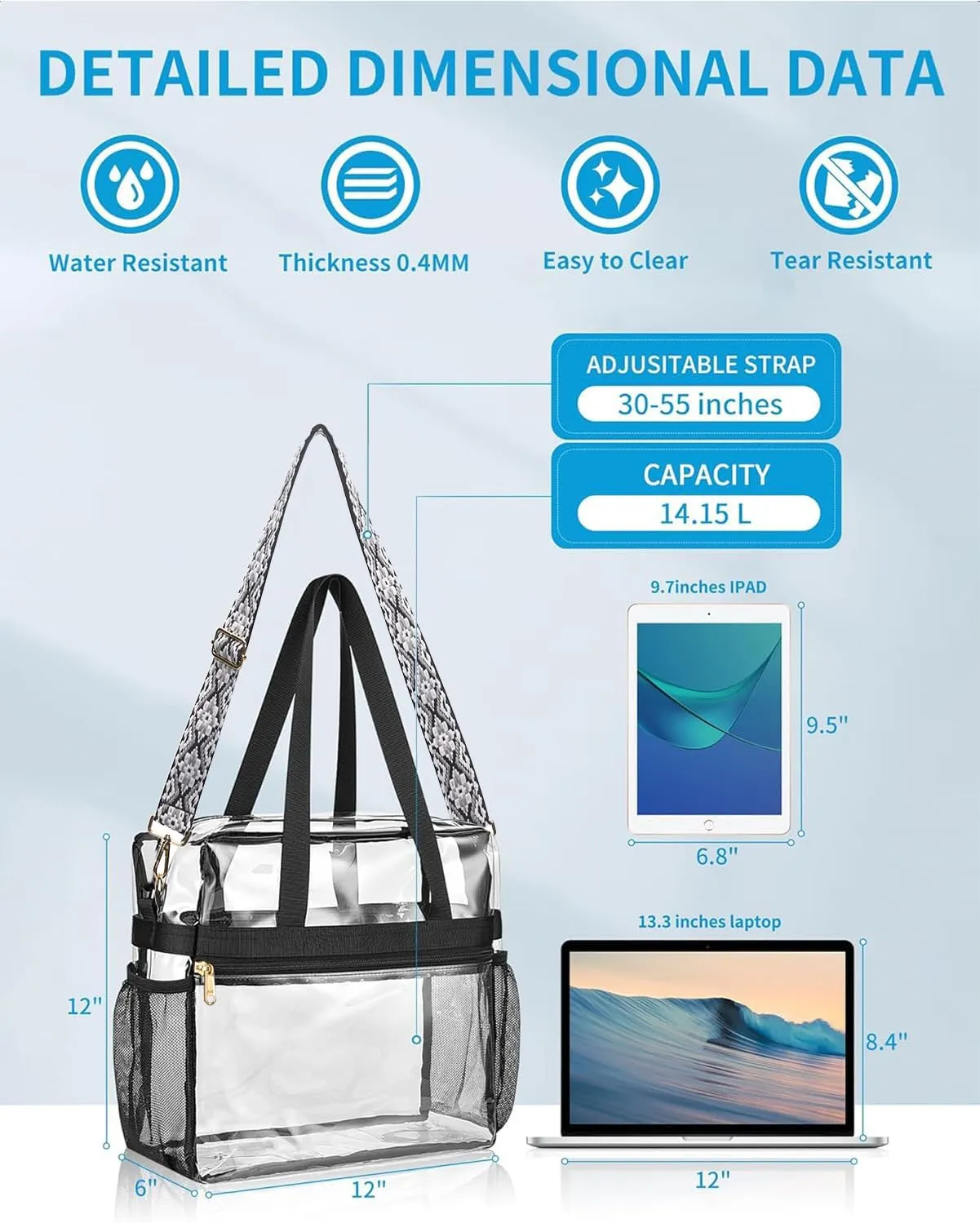 Paxiland Clear Bag for Stadium Events 12x6x12, Clear Tote Bag with Reinforced Strap, Transparent Bag for Sports Concert