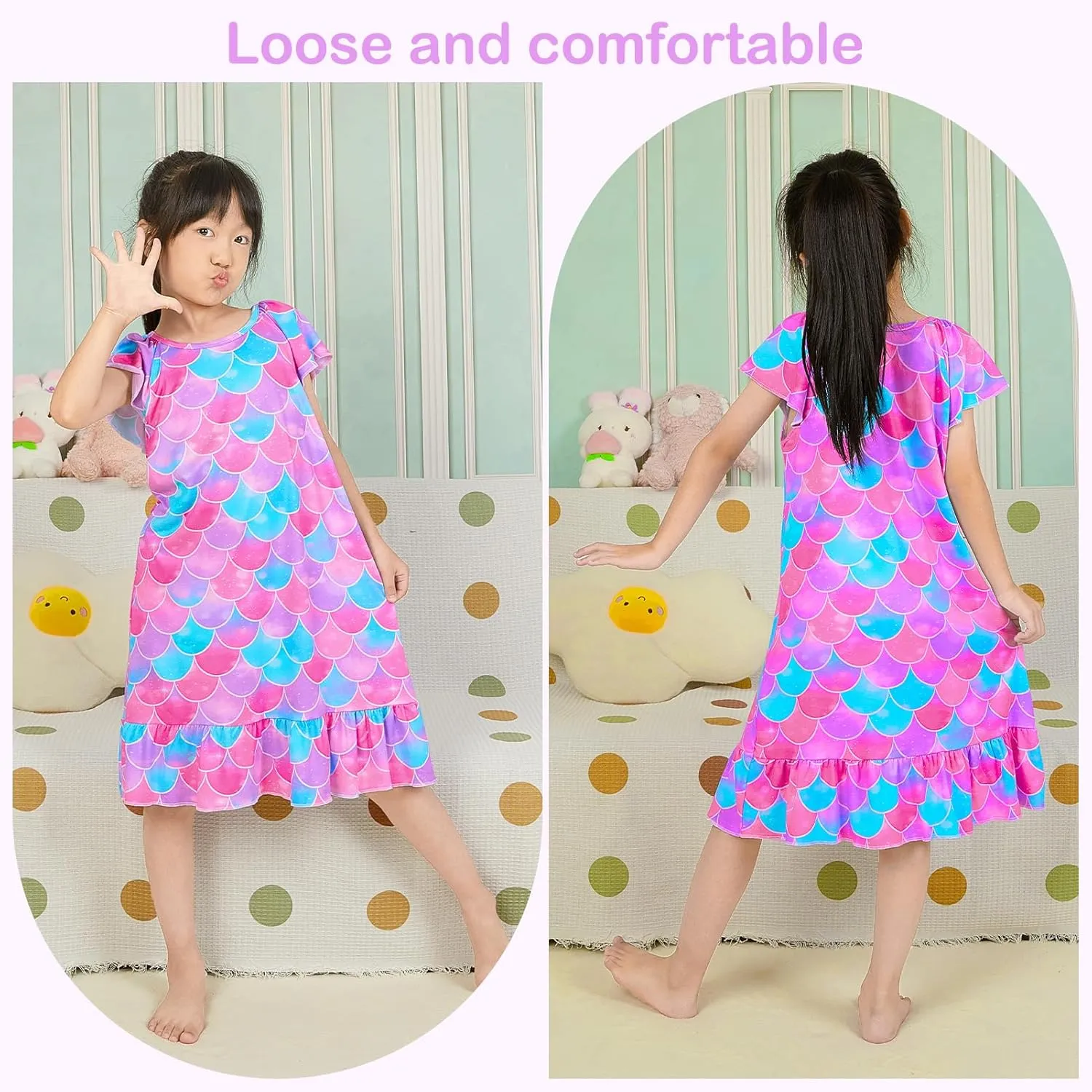 Play Tailor Girls Nightgowns Toddler Pajamas Mermaid Girls Princess Dress Sleepwear Night Gowns for Little Kids