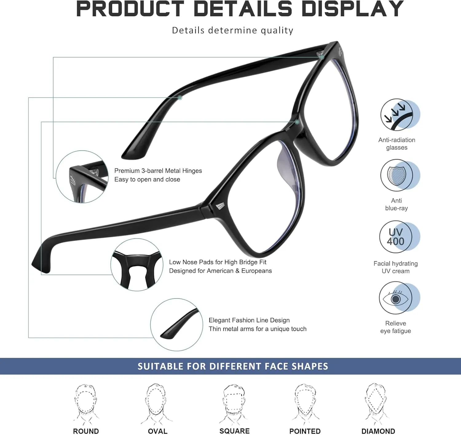 Reading Glasses for Women Men - Anti Glare Blue Light Blocking Glasses,Sturdy Eyeglasses