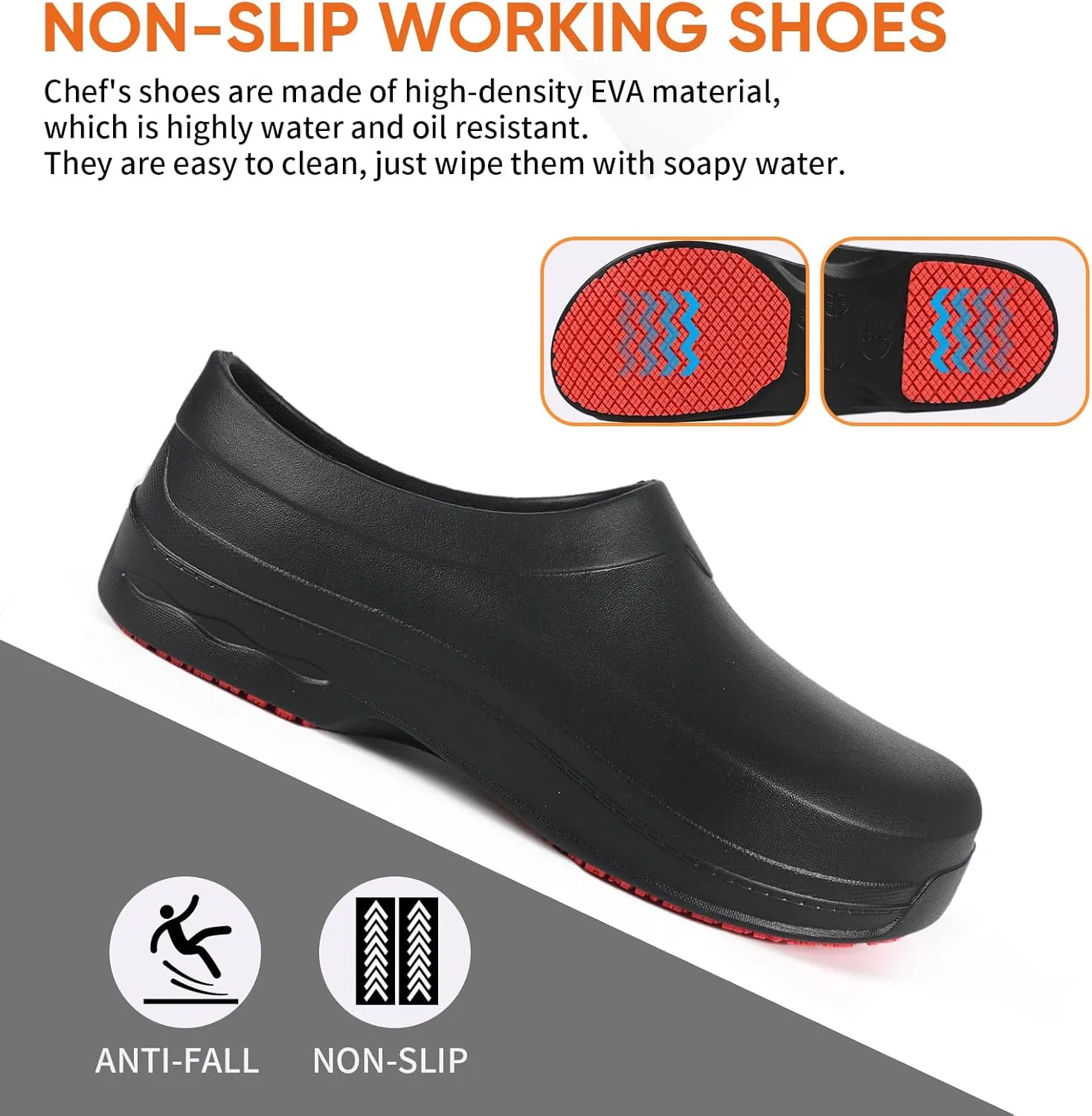 Slip Resistant Shoes for Kitchen/Chef/Garden/Nurse Non Slip Work Shoes for Men & Women Durable & Comfortable Black Clogs for Professional Safety(6-11Men/8-12.5Women)
