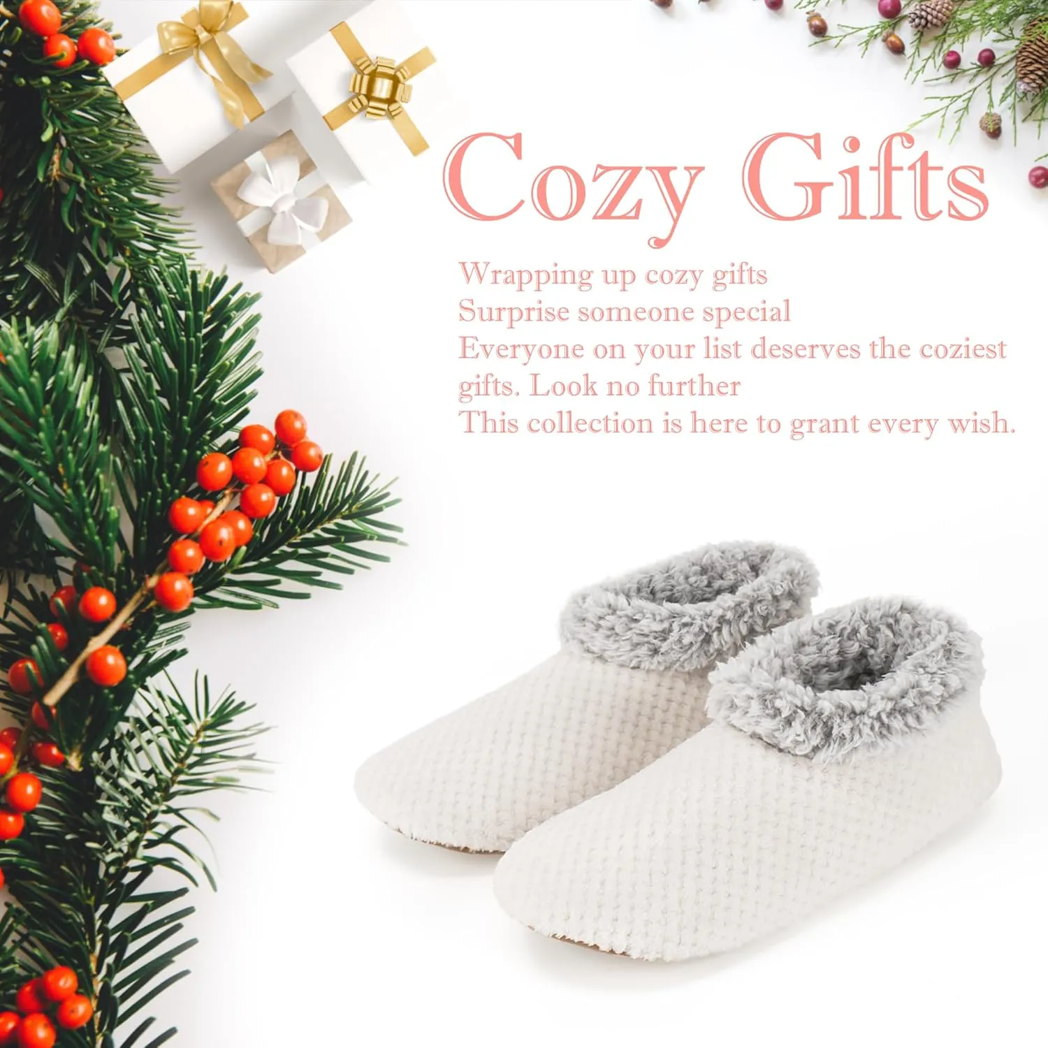Soft Fuzzy Slippers for Women Indoor, Warm Furry House Sock Shoes Fluffy Lined, Bedroom Booties Non-Slip Gripper Soles, Winter Cozy Christmas Gifts