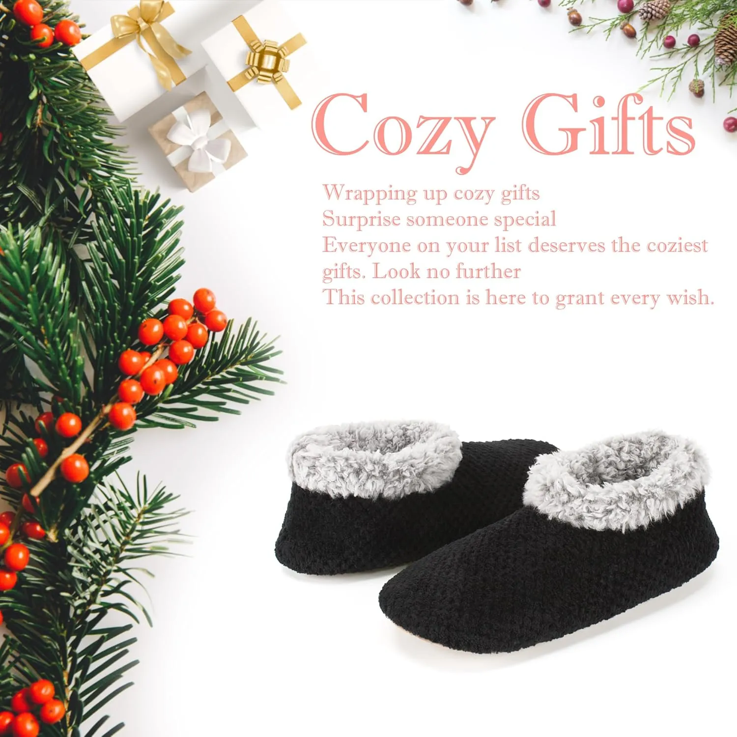 Soft Fuzzy Slippers for Women Indoor, Warm Furry House Sock Shoes Fluffy Lined, Bedroom Booties Non-Slip Gripper Soles, Winter Cozy Christmas Gifts