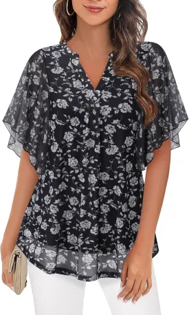 Timeson Women's Short Sleeve V Neck Blouses Shirts Floral Double Layers Mesh Tunics Tops