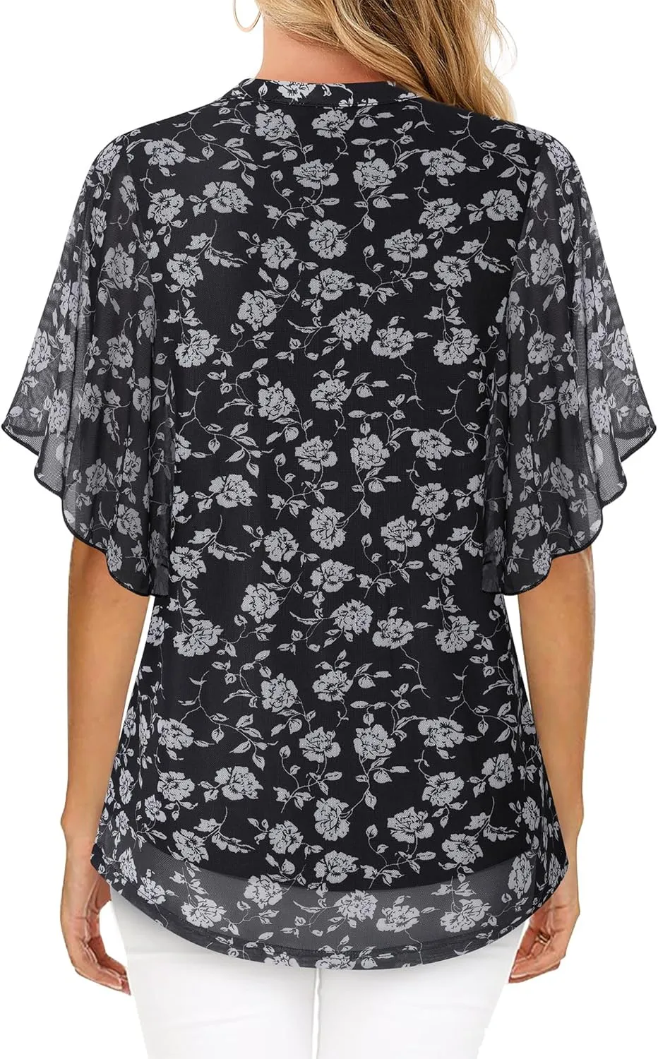 Timeson Women's Short Sleeve V Neck Blouses Shirts Floral Double Layers Mesh Tunics Tops