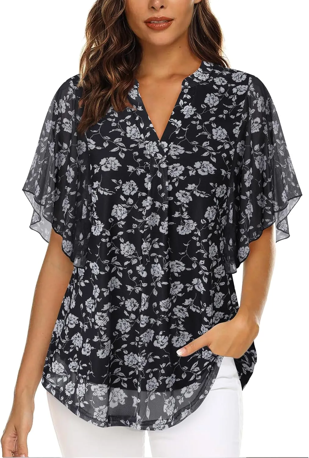 Timeson Women's Short Sleeve V Neck Blouses Shirts Floral Double Layers Mesh Tunics Tops